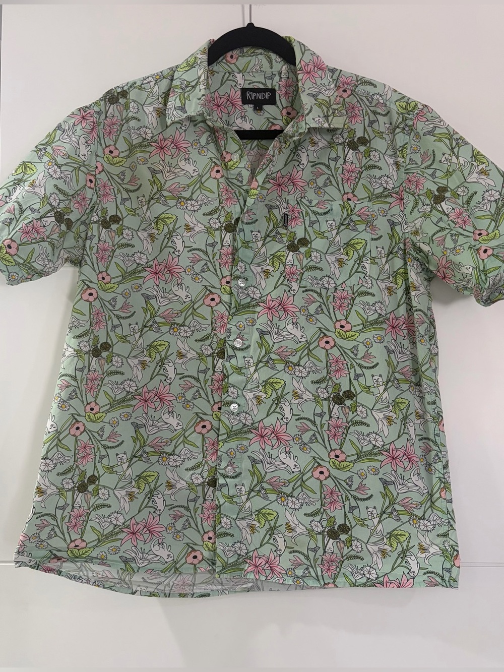 Ripndip Light Green Floral Short-Sleeve Button-Down Shirt, Men’s Large Shirt